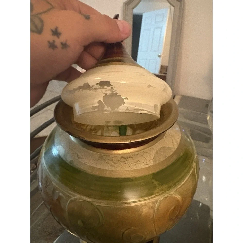 VTG Decorative Glass Urn Jar Pedestal Lid Hand Painted Gold Green Scroll 12